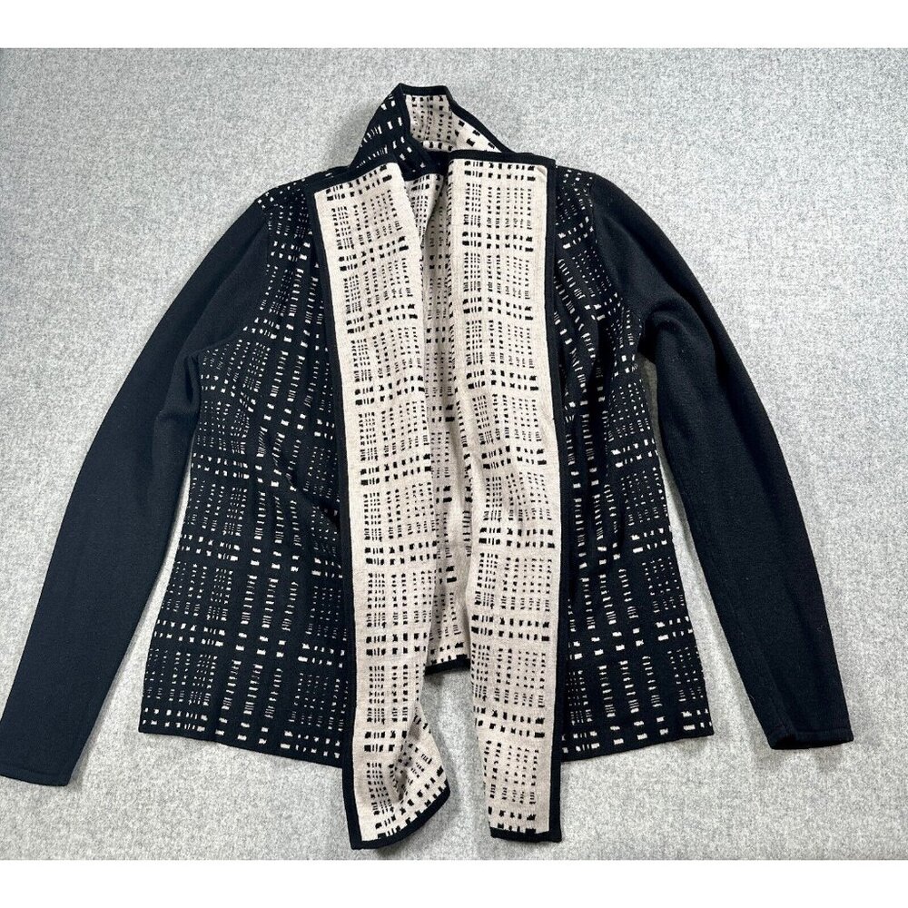 Ivanka Trump Womens Small Black Cream‎ Open Front Cardigan Long Sleeve Abstract